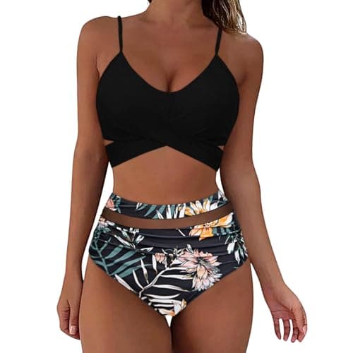 YNCSZEC High-Waisted Women Tummy Control Spaghetti Strap Bikini Sets