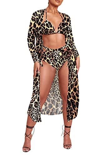 Women's Printed 3 Piece High Waist Bikini Maxi Swimsuit Cover Up