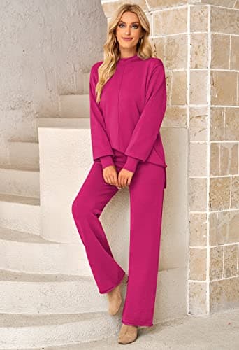 Linsery Women's High Neck Knitted Sweater Set Wide Leg Casual Sweatsuit