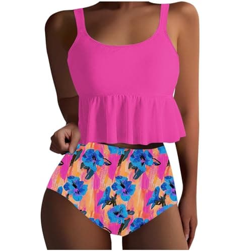 Yxzogd Women's 2025 Summer Ruffle Tankini Bikini Set Floral Swim Suit