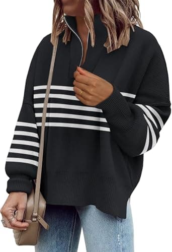SAUKOLE Women's Oversized Zip-Up Striped Sweatshirt with Batwing Sleeves