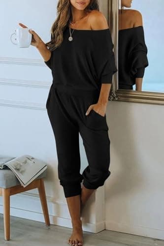 PRETTYGARDEN Women's Off-Shoulder Ribbed Tracksuit with Pockets