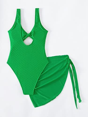 Women's Cut Out Twist Front One Piece Swimsuit with Cover Up Skirt