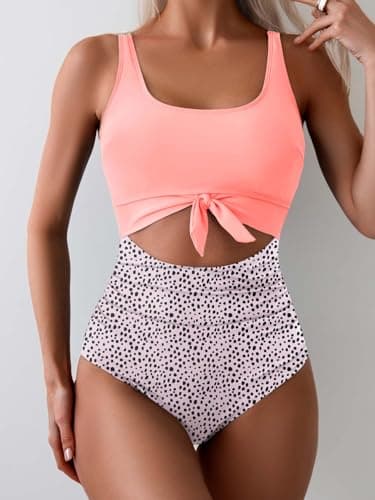 Eomenie Women's Tummy Control One Piece Swimwear with Cutout Tie Knot