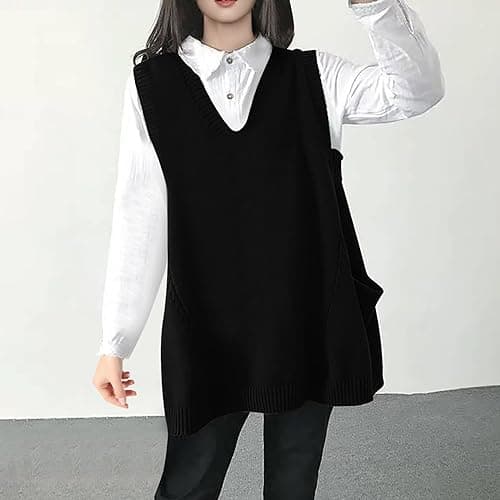 Oversized Women's V Neck Sweater Vest with Pockets