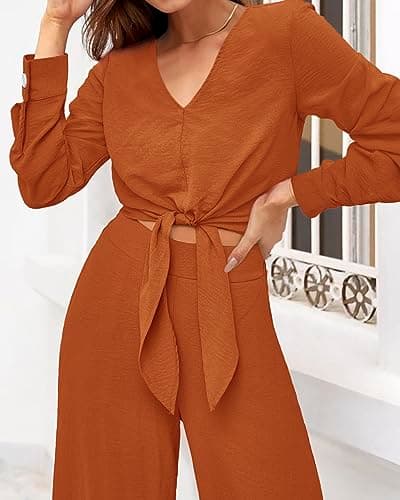 PrettyGarden Women's 2025 Spring V Neck Crop Top & Wide Leg Palazzo Pants Outfit Sets