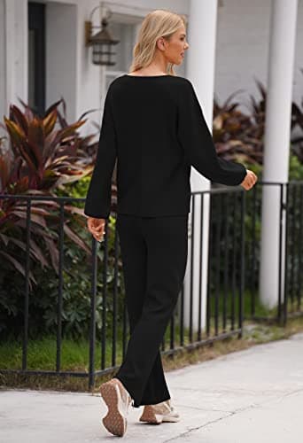 AOHITE Women's Casual V-Neck Knit Sweater & Wide Leg Pants Set