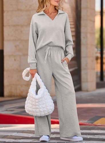EVALESS Women V-Neck Sweatshirt & Wide Leg Sweatpants Lounge Set
