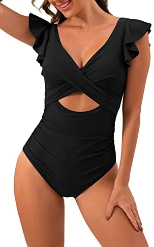 B2prity Women's Slimming V-Neck One Piece Swimwear with Ruffle Cutout