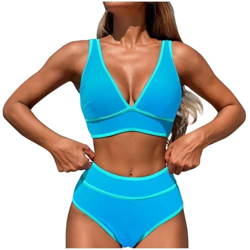 Cethrio Plus Size Color Block High Waisted Sparkle Bikini Swimwear