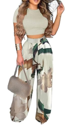 BFFBABY Women's Short Sleeve Crop Top & High Waist Wide Leg Long Pant Set