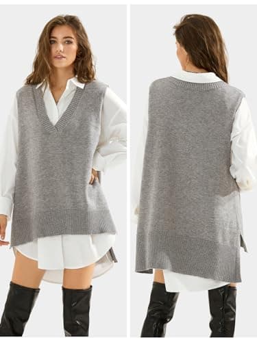 EXLURA Women's Oversized Knit Sweater Vest - Casual V Neck Tunic for Fall/Winter 2024