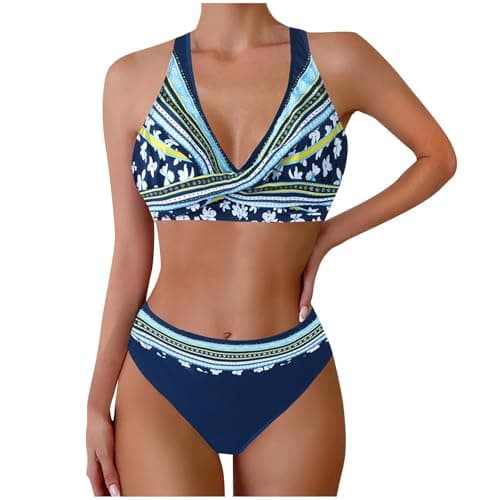 Cethrio Plus Size Vintage Printed Tummy Control Bikini Set
