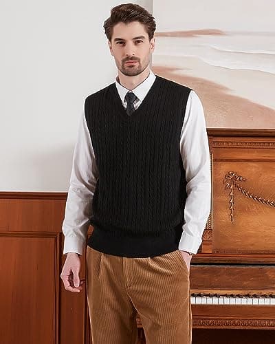 Kallspin Men's Wool Blended Cable Knit V-Neck Sweater Vest