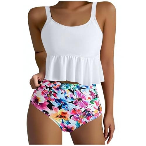 Yxzogd Women's 2025 Summer Ruffle Tankini Bikini Set Floral Swim Suit
