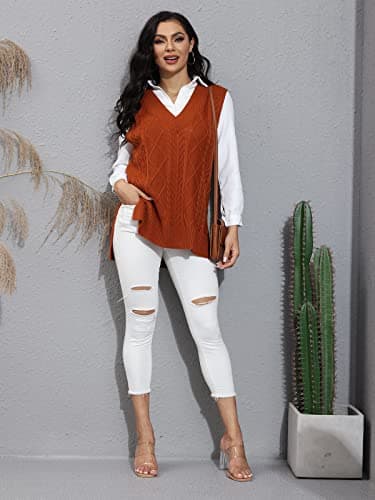 BWQ Women's Oversized Plaid V-Neck Cable Knit Sweater Tank Top