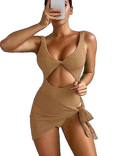 Women's Cut Out Twist Front One Piece Swimsuit with Cover Up Skirt
