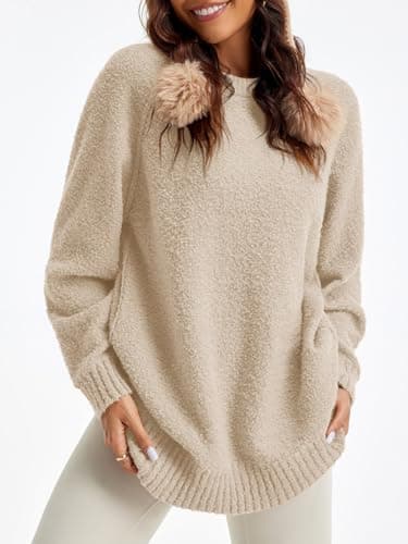 Saodimallsu Women's Oversized Fuzzy Crew Neck Long Sleeve Tunic Sweater 2024 Fall Trendy
