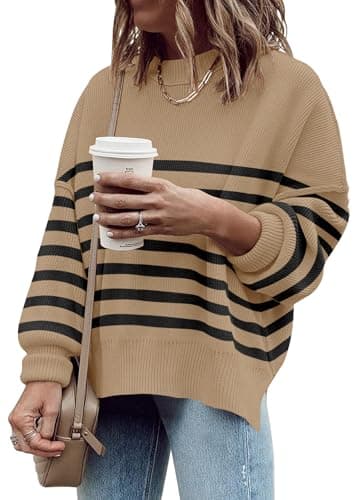 SAUKOLE Women's Oversized Batwing Sleeve Crewneck Knit Sweater