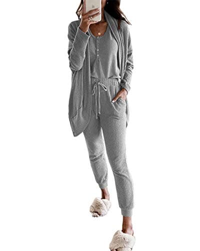 Fessceruna Women's Waffle Knit Lounge Set Tank Top & Long Sleeve Cardigan Pants
