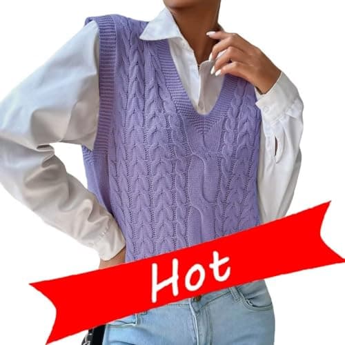 RefindWin Women's Casual V-Neck Cable Knit Sweater Vest