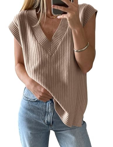 HAEOF Women's V-Neck Spring Summer Casual Ribbed Knit Tank Top