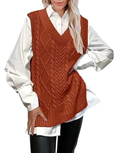 BWQ Women's Oversized Plaid V-Neck Cable Knit Sweater Tank Top