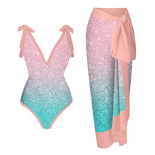 ZDRZK Sexy Sparkly One Piece Swimsuit with Cute Printed Coverup