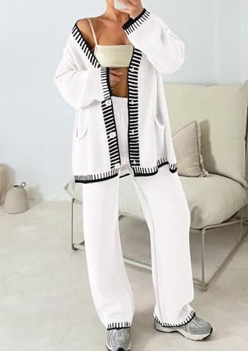 PRETTYGARDEN Women's Matching Lounge Sets Knit Cardigan & Wide Leg Pants