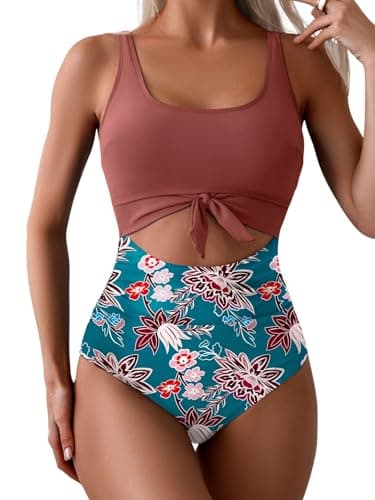 Eomenie Women's Tummy Control One Piece Swimwear with Cutout Tie Knot