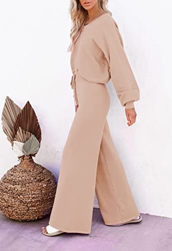 Apricot XL Women's 2-Piece Lounge Set with Long Sleeve Sweater and Wide Leg Pants