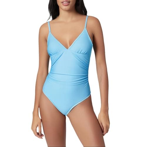 Women's Tummy Control One Piece Suspender Swimsuit Deep V Neck Ruched Bathing Suit