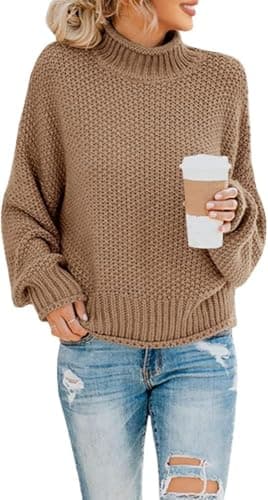 Saodimallsu Womens Oversized Batwing Turtleneck Knit Sweater