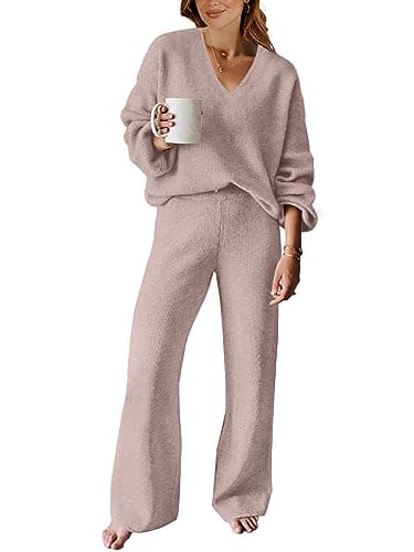 ANRABESS Women's Long Sleeve Cable Knit Set with Wide Leg Pants