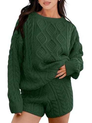 ANRABESS Women Cable Knit Oversized Sweater and Matching Short Pants Set