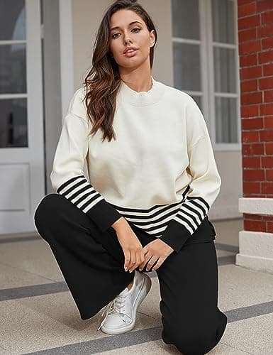 Tanming Women's 2 Piece Knitted Lounge Outfit Sweater Tops Wide Leg Pants Tracksuit