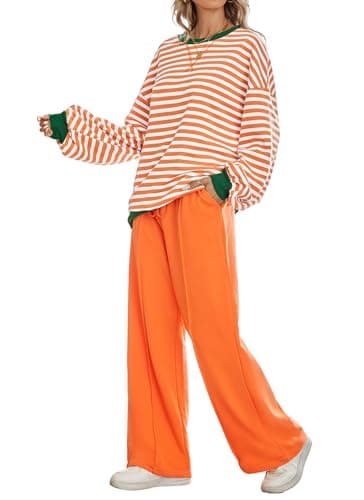 Kikibell Women's Striped Color Block Sweatshirt & Wide Leg Pants Trendy Tracksuit