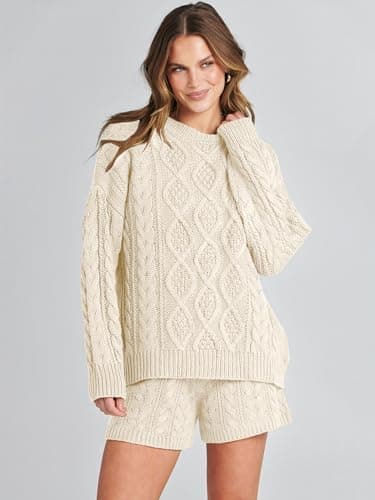 ANRABESS Women Cable Knit Oversized Sweater and Matching Short Pants Set