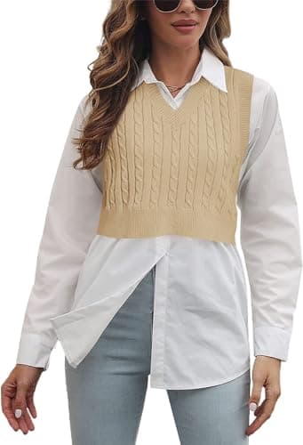 Lailezou Women's Solid Color Argyle Knit V-Neck Sleeveless Crop Vest