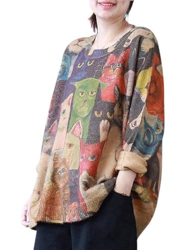 YESNO Women's Oversized Christmas Sweater with Graphic Print Casual Loose Knit Top S01