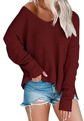 LAICIGO Women's Oversized Off-Shoulder Knit Sweater V-Neck Loose Pullover Tops
