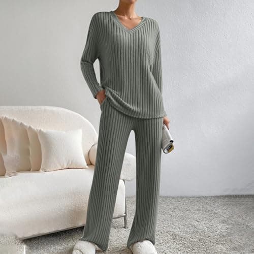 2024 Trendy Lightweight Knit Lounge Sets for Women V-Neck Straight Leg