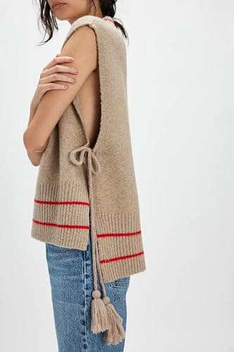 BAIGRAM Oversized V-Neck Striped Side-Tie Pullover Sweater Tank Top