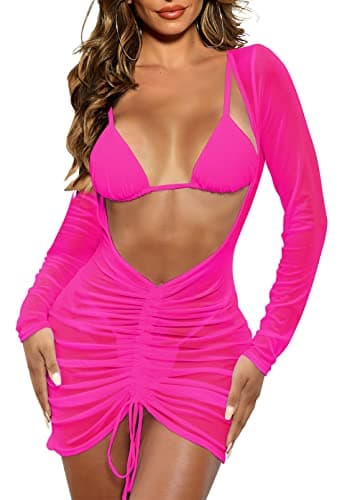 Viottiset Women's Mesh Ruched V-Neck Beach Cover-Up Swim Dress