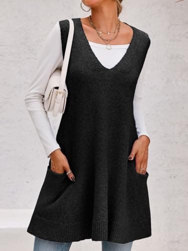 Saodimallsu Women's V-Neck Loose Knit A-Line Flattering Sleeveless Sweater Vest with Pockets