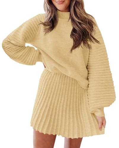 Zwurew Women's 2024 Long Sleeve Mock Neck Ribbed Sweater & Mini Skirt Set