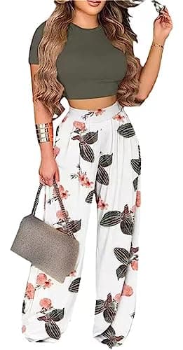 BFFBABY Women's Short Sleeve Crop Top & High Waist Wide Leg Long Pant Set