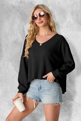 IWOLLENCE Women's Oversized Long Sleeve V-Neck Tunic Sweater Top