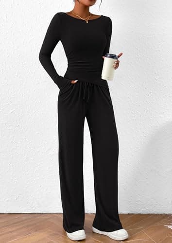 PrettyGarden Women's Asymmetrical Sleeve Lounge Set Wide Leg Pants Tracksuit