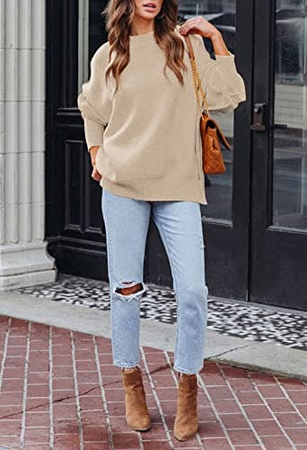 Women's 2023 Fall Oversized Sweater with Batwing Sleeves Ribbed Knit Tops